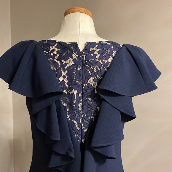 STATEMENT lace ruffled deep V BACK midi dress cocktail ruffled neckline Navy 10 - Picture 3 of 12